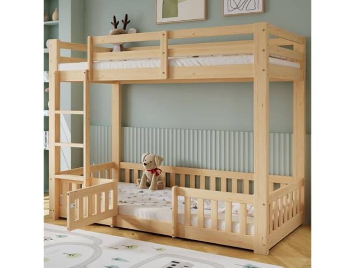 Ball & Cast Hochbett (90x200cm) mit Zäune und Türchen, Holzerner Etagenbett mit rechtwinkliger Treppe + Hohem Geländer, Stabil & Rauschlos, Natur