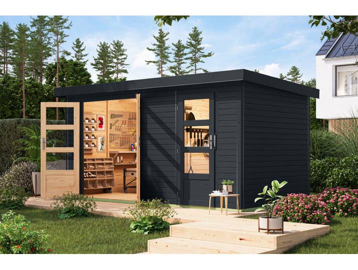Gartenhaus KARIBU Merkurino, in verschiedenen Farben , schwarz (anthrazit, anthrazit), ohne Fußboden, Blechdach, Massivholz, Gartenhäuser, Gartenhaus