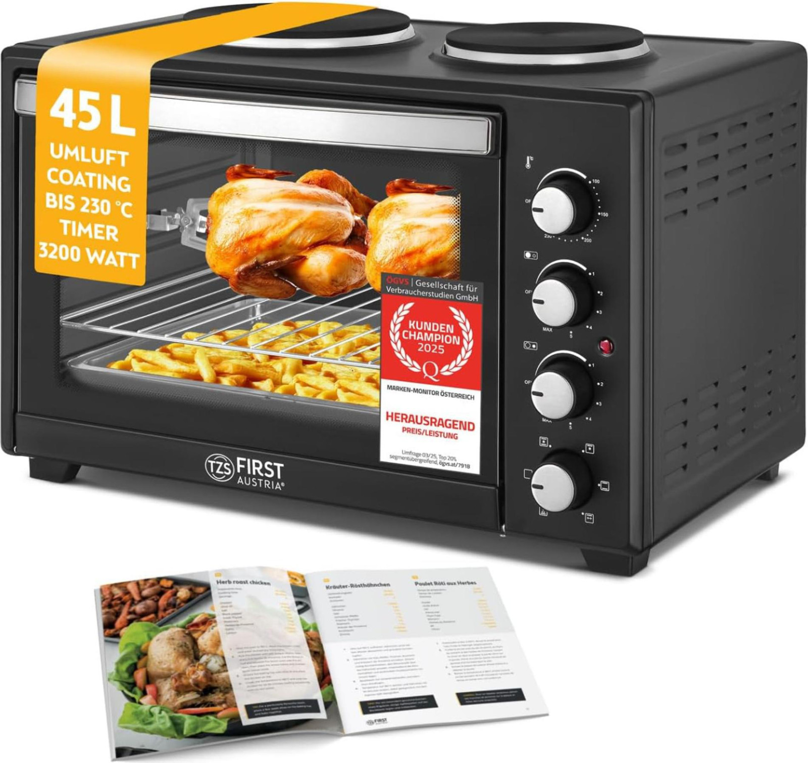 TZS First Austria Minioven met kookplaten, 45 liter, 3200 W, Zwart