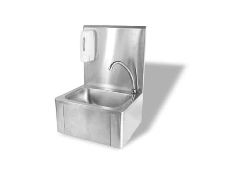 HENDI Waschbecken, mit Kniebedienung, inkl. Seifenspender, Anschlussmaterial, Aufkantung, Spülengröße: 335x235x(H)114mm, Abfluss: ø50mm, Spülbecken, Handwaschbecken, 400x330x(H)560mm, Edelstahl
