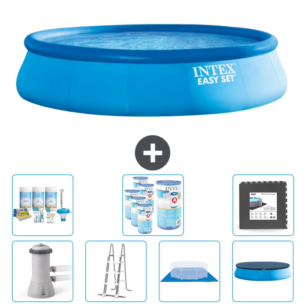 Intex runder aufblasbarer Easy Set-Schwimmpool - 457 x 107 cm - Blau - inklusive Pumpe - Leiter - Bodenplane - Abdeckung Wartungspaket - Filter - Bodenfliesen