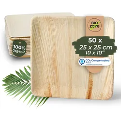 BIOZOYG 50 Stück Einwegteller 25x25cm Palmblatt-Teller, quadratisch, biologisch abbaubar, umweltfreundlich, kompostierbar, Wegwerfteller