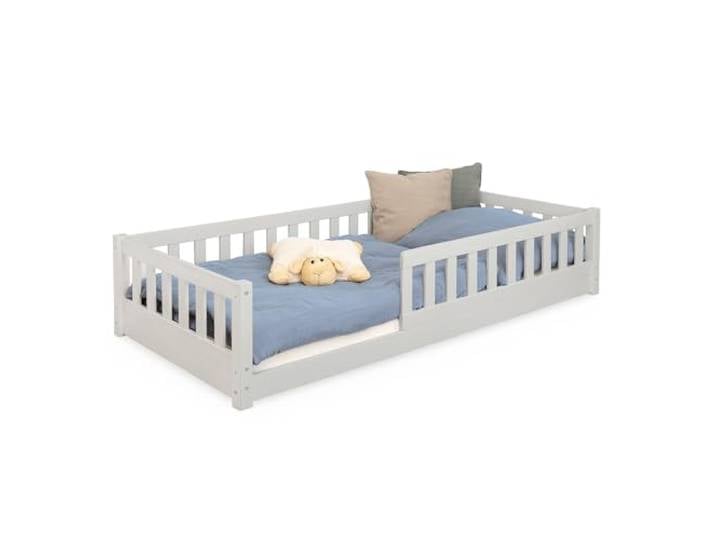 Ehrenkind® Bodenbett Kinderbett mit abnehmbaren Rausfallschutz aus Massivholz FSC® zertifziert inkl.hochwertigem Lattenrost Bodenbett 90x200 Kinderbett 90x200 Grau
