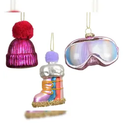 Christmas Decorations 3x Christbaumschmuck Glas 7cm Skiausrüstung Figuren zum Aufhängen - Weihnachtsbaum Anhänger Weihnachten Weihnachtsbaumschmuck Winter Sport Rosa Pink