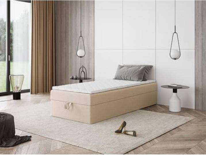 Godre Boxspringbett Mira Mini ohne Kopfteil mit Bettkasten – Einzelbett mit Taschenfederkern oder Bonellfederkern, Komfortbett, hohe Liegehöhe, Verschiedene Größen & Farben (80x190)