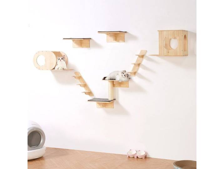 Lot de 7 étagères murales pour chat - plateformes saut niches ovales/carrées escalier perchoir pin charge 18kg jouer/dormir