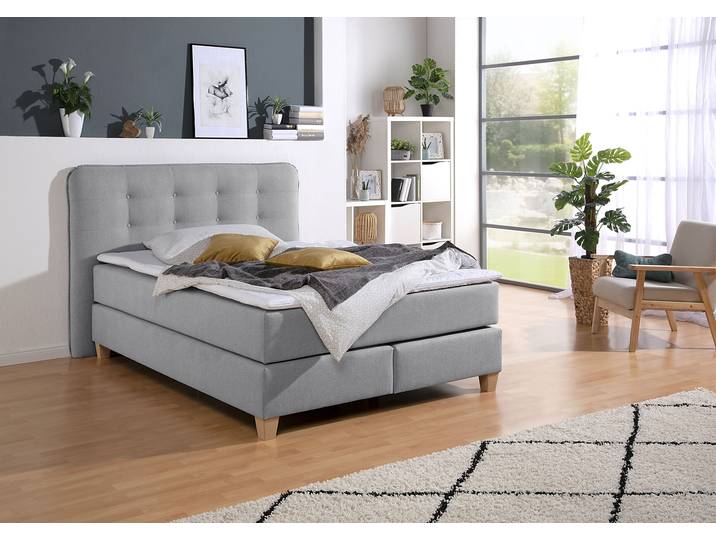 Boxspringbett, Strukturstoff, Grau, 158×209 cm, Komfortschaum-Topper, Klassisch, Home Affaire