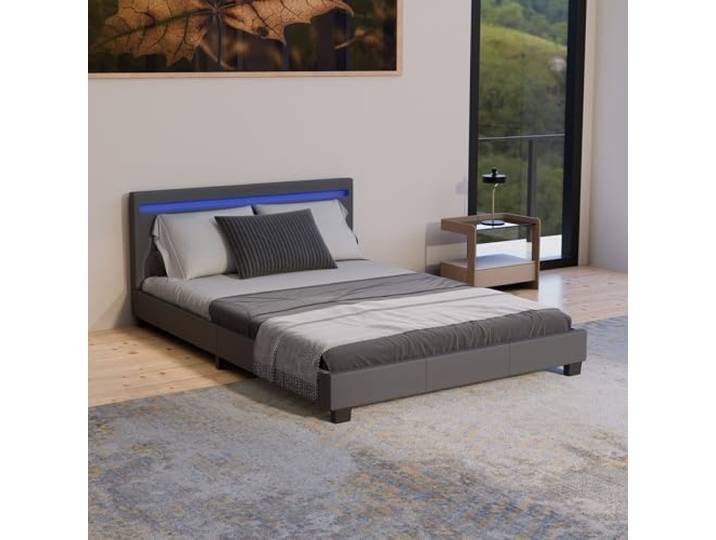 Juskys Polsterbett Paris 140x200 grau mit LED Beleuchtung, Webstoff Stimmungslicht in 16 Farben per Fernbedienung, Jugendbett mit Lattenrost, Kopfteil, ohne Matratze