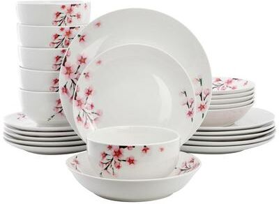 Elama Tamara 24 Piece Cherry Blossom Porcelain Double Bowl Dinnerware Set, Service for 6 in White and Pink