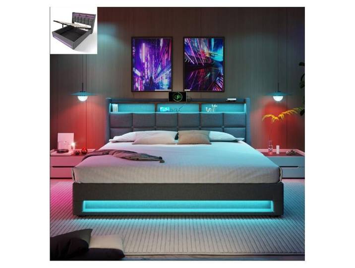 Lit double 180x200 cm Lit rembourré coffre LED USB Design moderne - Métal Lin - Gris