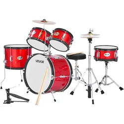 VEVOR Schlagzeug Set, 5-teilig, Drum Kit für Anfänger, inkl. Basstrommel, Snare, Tomtoms, Standtom, Crash-Becken, Hi-Hat mit Ständer, Musik-Lern-Instrumentenset, für Kinder von 6–13 Jahren (rot)