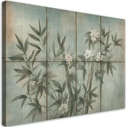 WANDBILD bambussprossen mit blumen auf einem strukturierten hintergrund