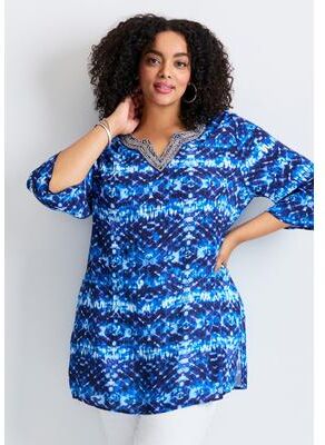 Plus Size Women's Beaded Embellishment Tunic by Avenue in Black Abstract Zebra (Size 18)