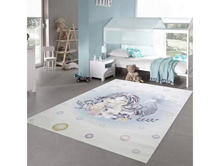 Teppich-Traum großer Kinderzimmer Spielteppich Öko-Tex Zertifiziert: schadstofffrei Meerjungfrau Blumen Seifenblasen Creme türkis, Größe 200 x 290 cm