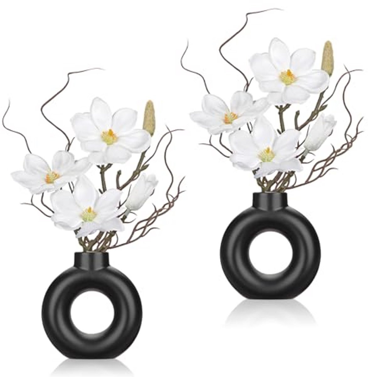 Set van 2 mini-kunstplanten met Orchideeën en Magnolia in Keramische Donutvaas