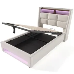 Polsterbett 90x200 mit LED-Beleuchtung und USB-Anschluss – elegantes Design, Leinenbezug, Vintage-Holz, Beige