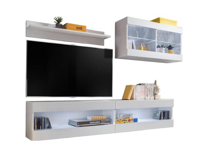 Komodee Wohnwand 4-er Set, Tivoli Set6 Weiß + Weiß, Offener Raum, 2 Fächer, 240x195x35 cm, Wohnzimmer, Wohnwände