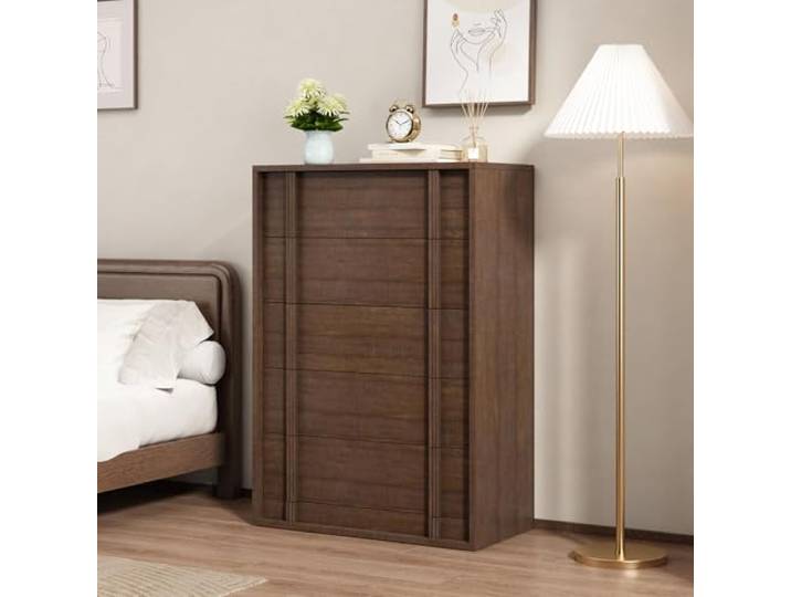 GarveeHome Kommode 5 Schubladen Braun Rotbraun, Schubladenschrank 111 cm hoch Sideboard Holzoptik, Schmale Wäschekommode Flurkommode Anrichte für Schlafzimmer Flur Wohnzimmer, Modell QD115