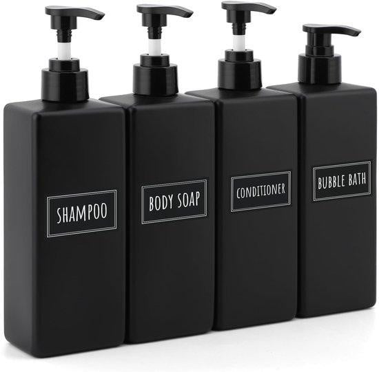 Unyqoos Navulbare pompflessen set, 500 ml – Mat zwart, PET-dispenser voor shampoo, douchegel en handzeep