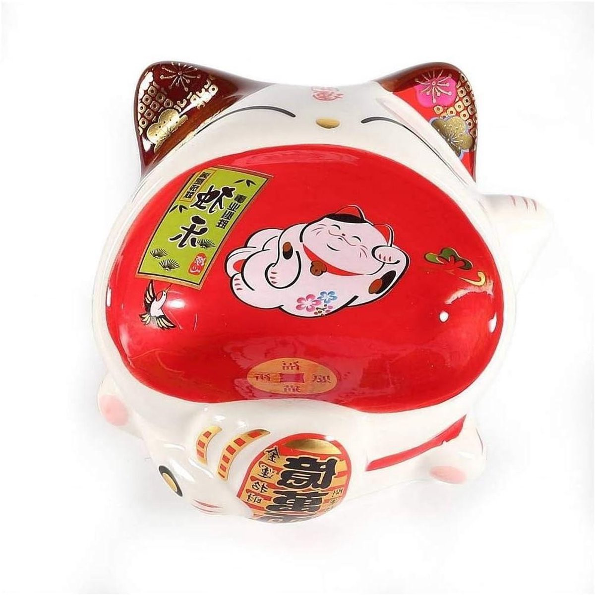 Maneki Neko Japanse Gelukskat Decoratie Wit Rood Bruin Breedte: 12.5 cm