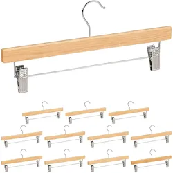 Relaxdays Hosenbügel Holz, 12 Stück, verstellbare, gummierte Clips, 360° drehbarer Haken, Rockbügel, 35,5cm breit, natur