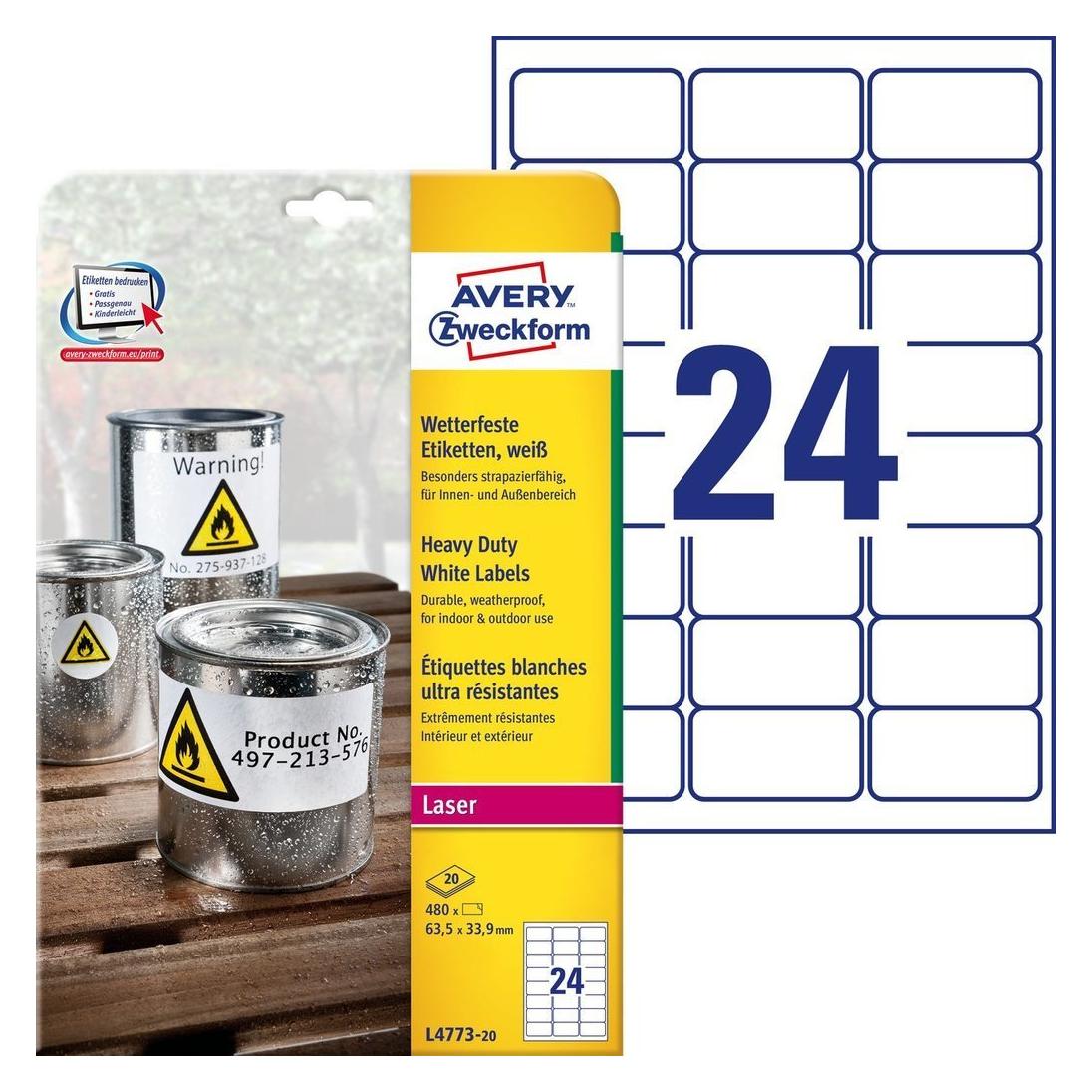Avery Weisse Hochleistungsetiketten - Laser - L4773 Weiss (L4773-20)