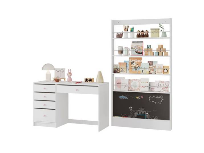 Ensemble bureau et bibliothèque pour enfants blanc 2 pièces