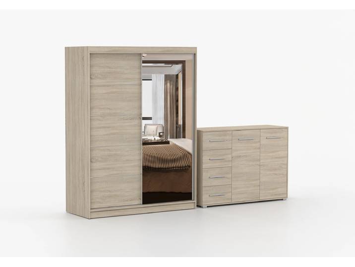 Schwebetürenschrank und Kommode 2-er Set VISTA 05/FRIDA 01 Sonoma Eiche Sonoma Eiche + Spiegel Ohne LED-Beleuchtung
