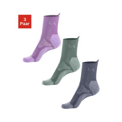 Wandersocken LASCANA ACTIVE "Damen Kurzsocken für Laufen Wandern gepolsterte Socken", Damen, Gr. 35-38, bunt (1x grün, 1x beere, 1x jeans), Materialmix, gemustert, elastisch, Socken, mit verstärkten Belastungszonen