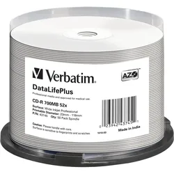 Verbatim DataLifePlus - 50 x CD-R - 700 MB 52x - weiß - mit Tintenstrahldrucker ...