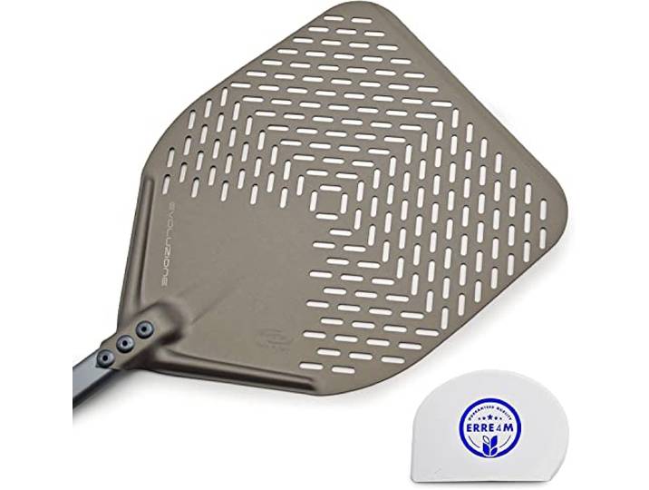 Pizzaschaufel, Evolutions-Schaufel, gelocht, zum Backen der Pizza Gi-Metal mit Teigspatel (36 x 36 cm, Gesamtlänge 186 cm)