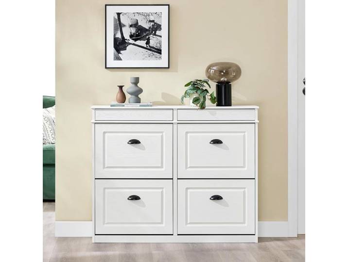 SoBuy Meuble à Chaussures 4 Abattants Blanc Effet Bois Vieilli Rangement Entrée 16 Paires 103x23x85cm