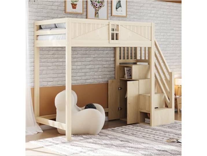 Merax Massivholz-Hochbett 90x200 cm, Kinderbett mit Seitliche Ablage & Austauschbarer Leiter Links/Rechts, Multifunktionsbett mit Stauraum, Holzfarbe (ohne Matratze)