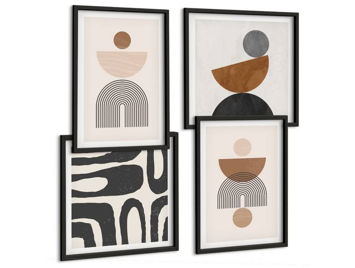 BILDER SET 4er Set - 50x50 cm & 40x60 cm Schwarzer Rahmen - Abstraktes Boho-Design
