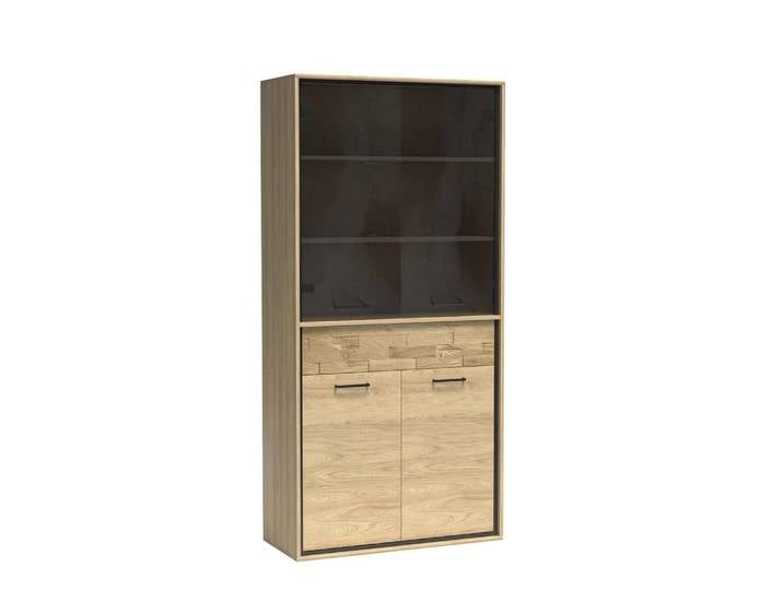 Masseno Vitrinenschrank SYNDRA 197 x 92,2 cm Modern Wohnzimmer Vitrine mit Tür Eichefarben