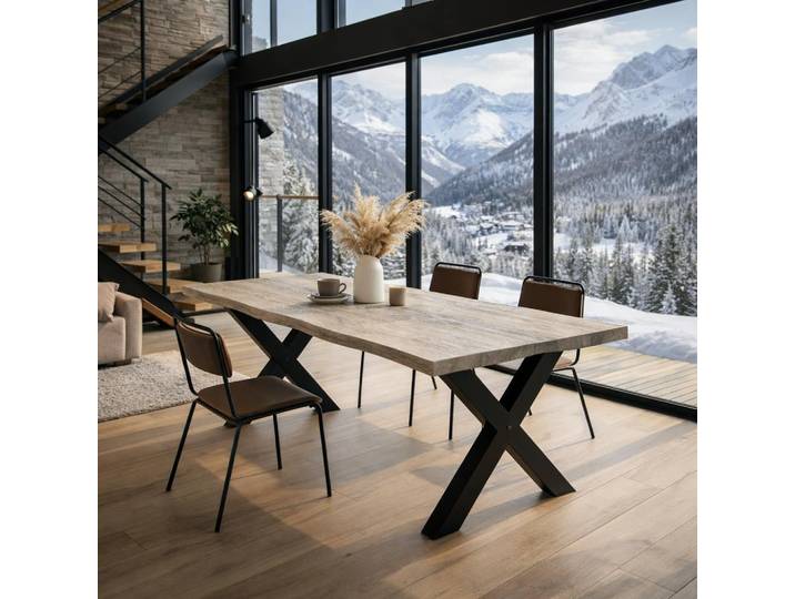Table Extensible Chêne Grisé Bords Naturels Pieds En X 200 Cm Palerme