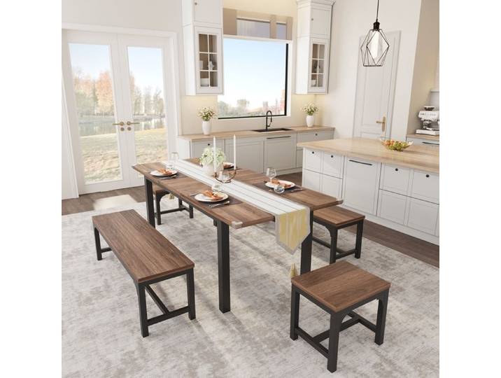 JoyGarden Ensemble table à manger extensible 5 pièces 160 cm 4-8 personnes - Plateau MDF noyer - 2 bancs + 2 tabourets carrés