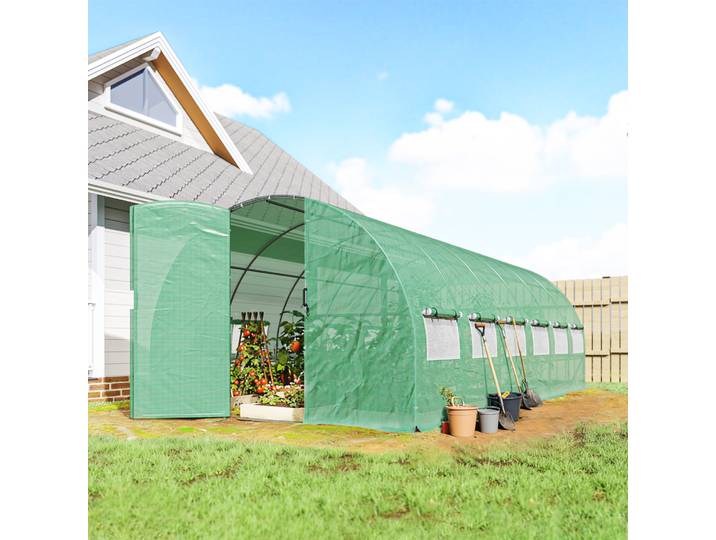 Outsunny Serre Tunnel 18m² Vert avec Portes et 12 Fenêtres