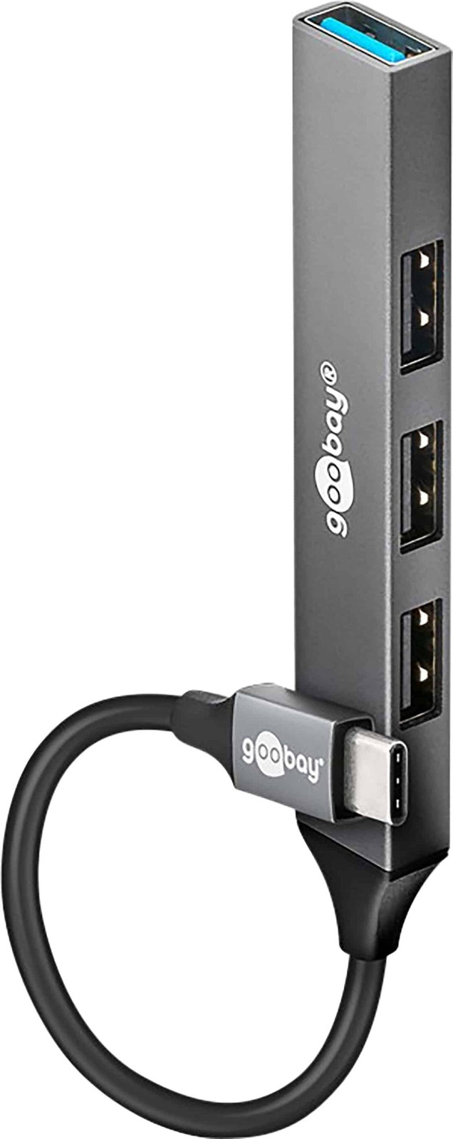 Goobay 74457 Slim USB-hub met 4 poorten, USB-C naar USB-A, 5 Gbit/s, lichtgrijs