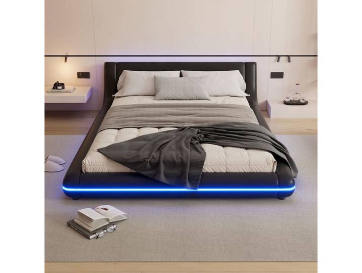 BEL Lit plat 140x200 cm lit de sol PU LED ambiance noir