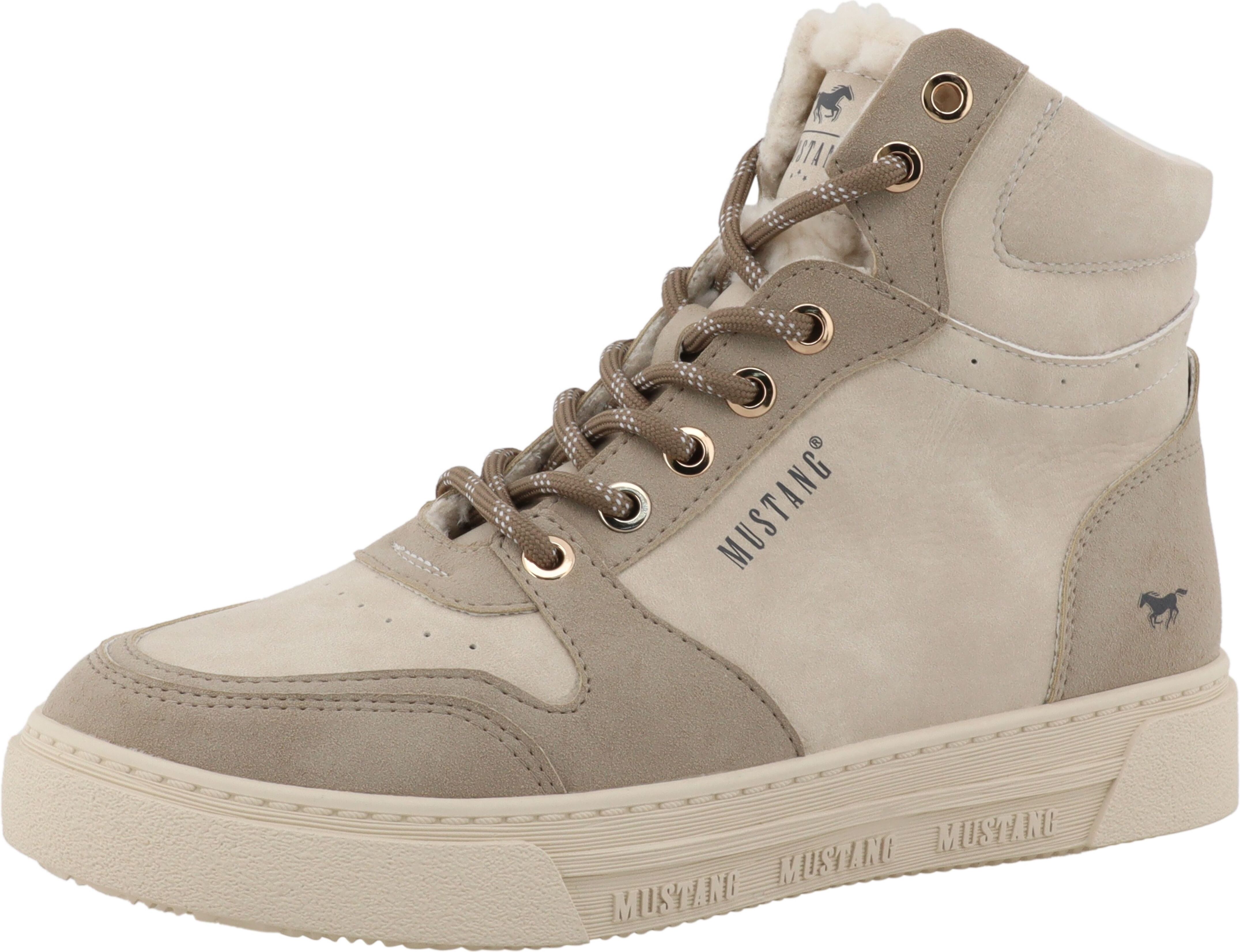 Winterboots MUSTANG SHOES "Rhonda", Damen, Gr. 38, Warmfutter, beige (beige, taupe), Lederimitat, Schuhe Winterboots, High Top Sneaker, Winterboots mit Warmfutter beige, taupe 38, Warmfutter