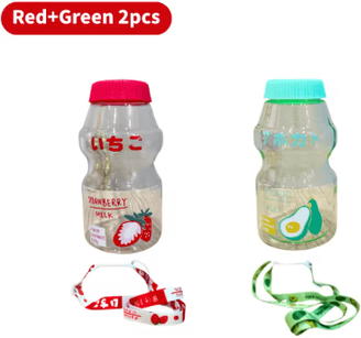 Inspire Picks 480ml Kawaii Milk Carton Water Bottle Cute Plastic Drinking Bottle With Cup And Strap red B Green B 2pcs 480ml