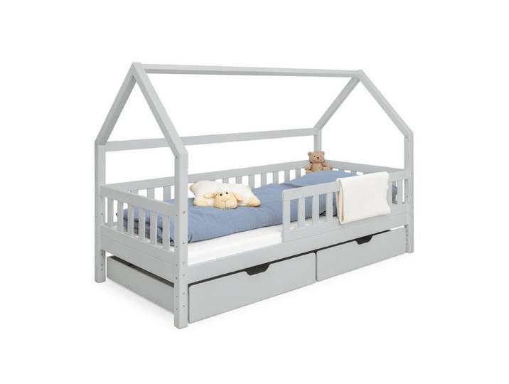 Ehrenkind Hausbett Lille aus massivem Kiefernholz inkl. Rausfallschutz und Rollrost (90x200 Hellgrau, Hausbett mit optionalem Stauraum), 2 in 1 Aufbau bodentief oder Standardhöhe