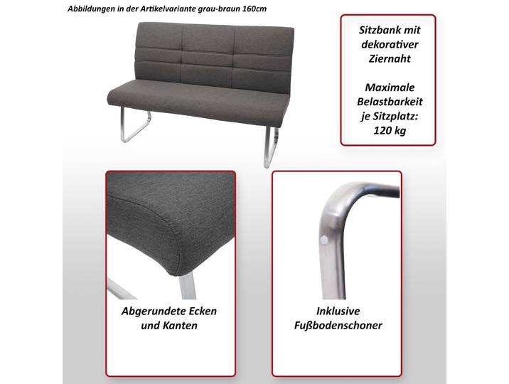 Set 2x Esszimmerstuhl+Sitzbank HWC-G55, Bank Küchenstuhl Stuhl+Armlehne, Stoff/Textil Edelstahl Grau-braun Bank 160cm