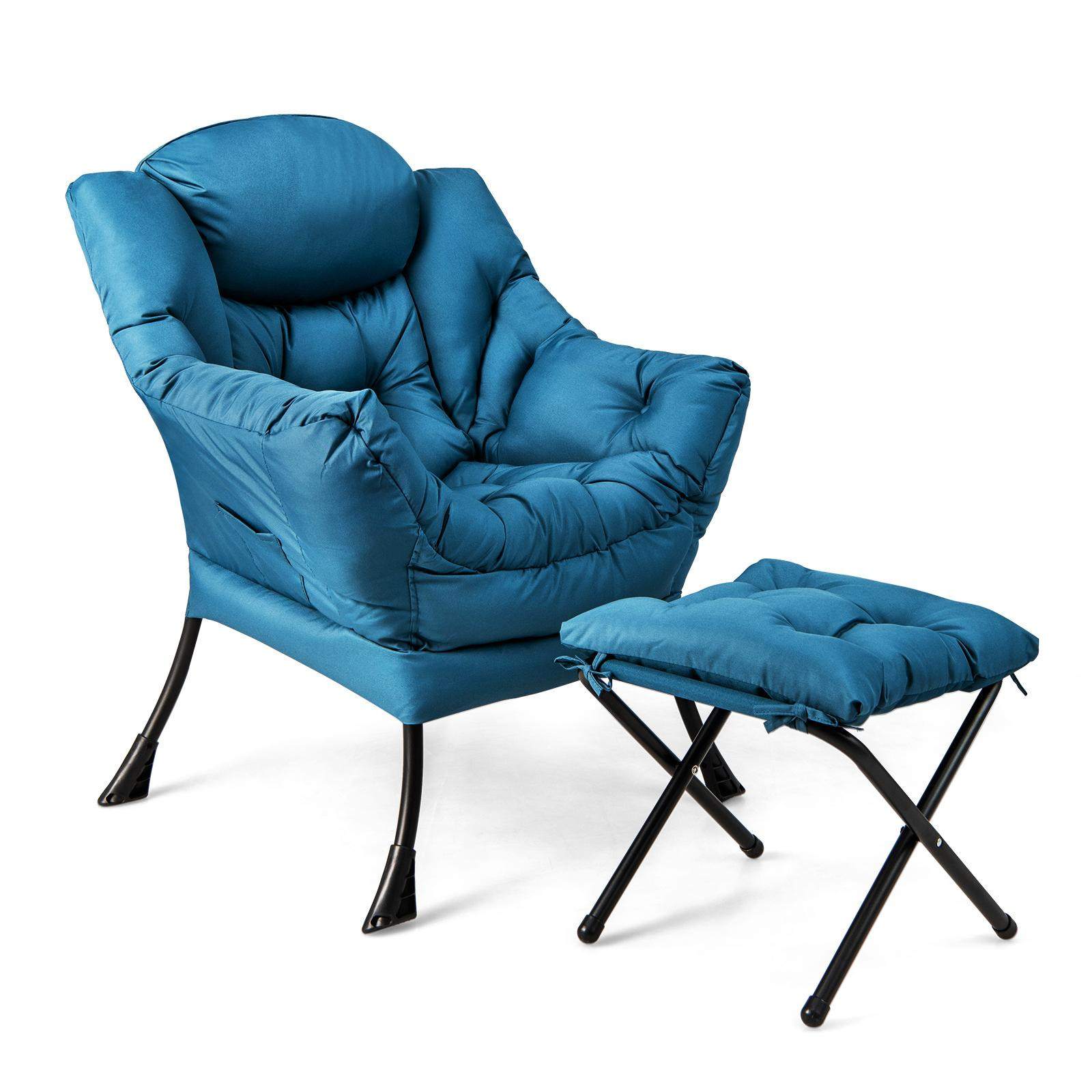 Costway Chesterfield relaxfauteuil met voetenbankje en zijvak, blauw
