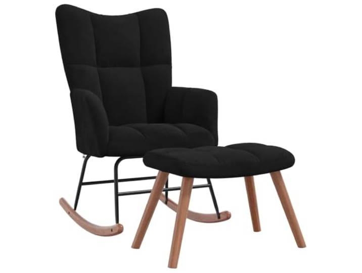 Schaukelstuhl mit Fuß, Samt-Schwarz mit Stahlrahmen und Holz Gestepptes Design, dicker Schwamm, stabile Holzkufen, Stahlrahmen, elegantes Design