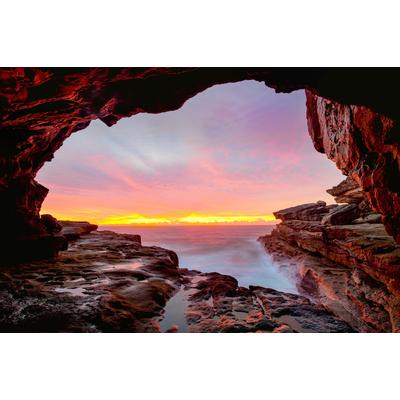 Fototapete PAPERMOON "GROTTE-FELSEN HÖHLE SONNENAUFGANG KÜSTE OZEAN MEER", bunt, B:5m L:2,8m, Vlies, Tapeten