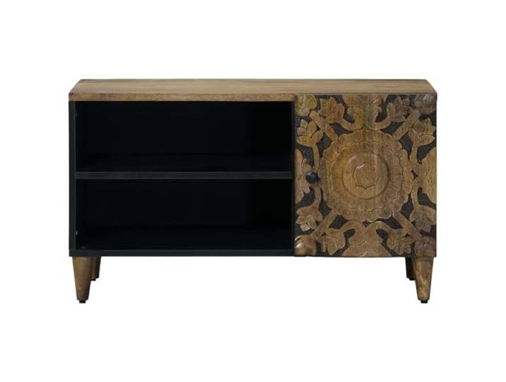 KTHLBRH TV-Schrank Braun 80 x 33 x 46 cm Mango Massivholz Schwarze Metallbeine, 1 Drehtür, Plattenregale, nur für den Innenbereich