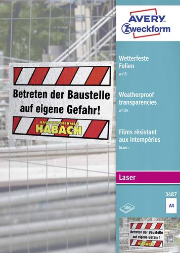 Avery-Zweckform 3487 Wetterfeste Folie DIN A4 Laserdrucker, Farblaserdrucker, Kopierer, Farbkopierer Weiß 100St.