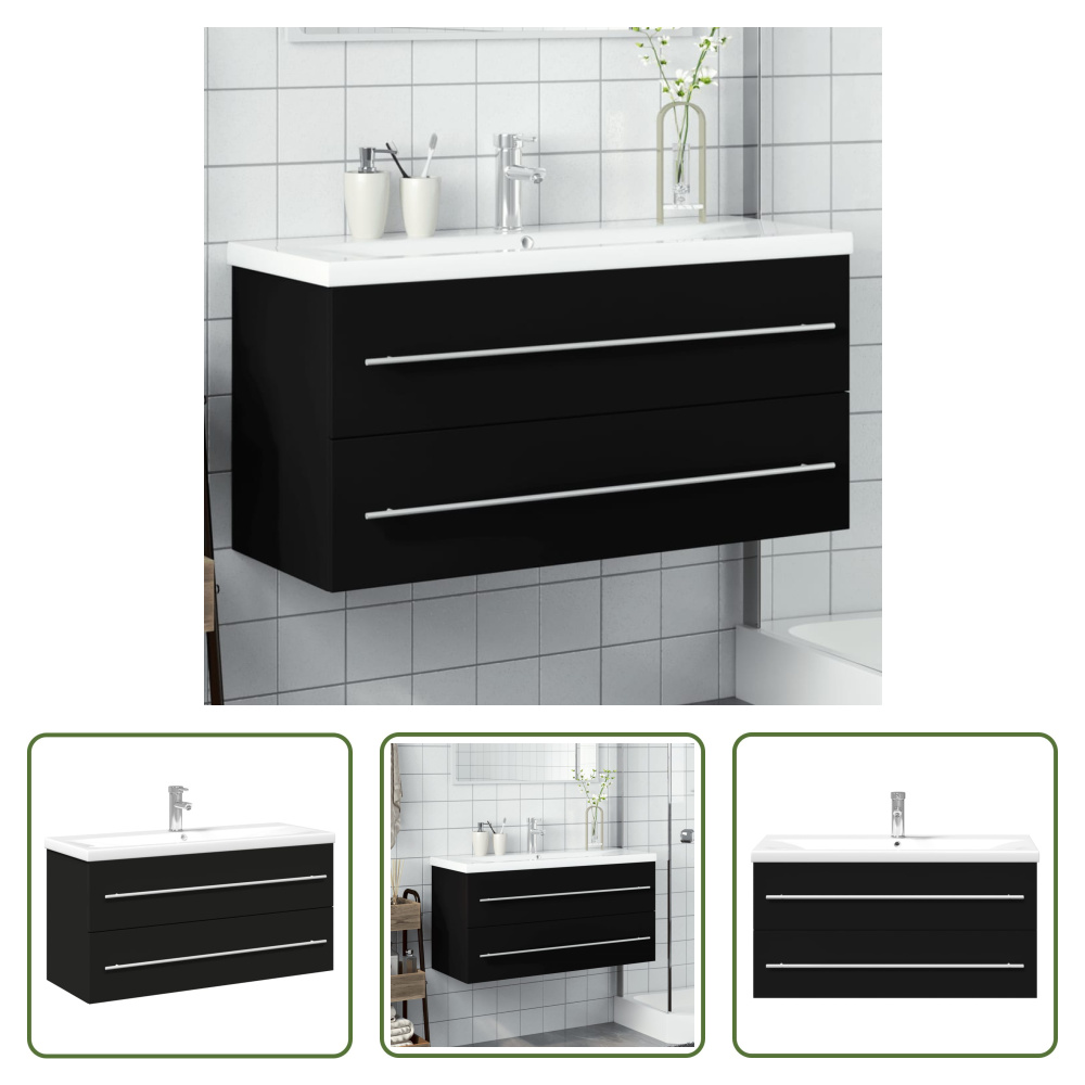 The Living Store Waschbeckenunterschrank mit Einbaubecken Schwarz